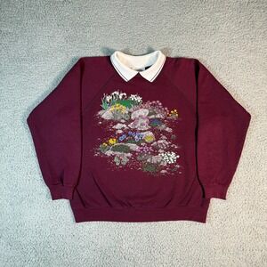 Vintage Morning Sun‎ Sweatshirt Size Large Collard Floral Graphic Print Maroon